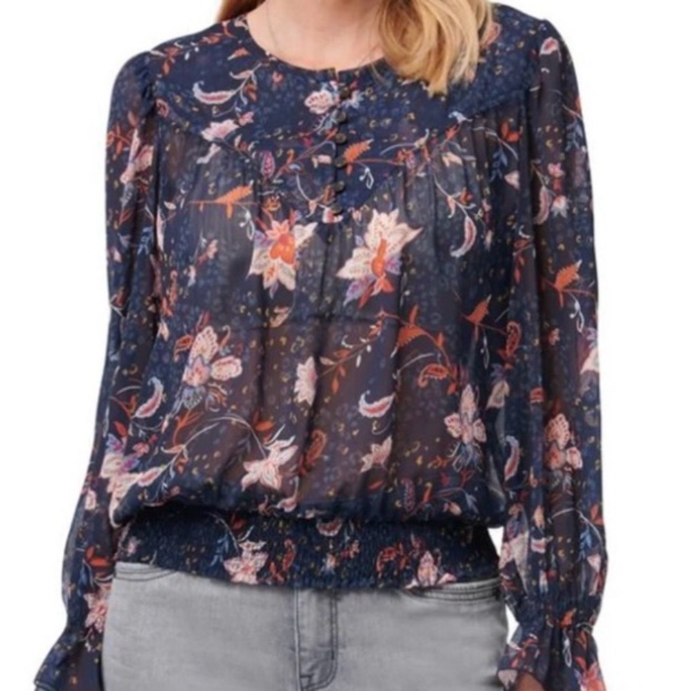 Democracy | Flowy Semi-Sheer Long Blouson Sleeve Blouse with Smocked Hem M…